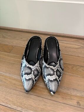 Vince Black & White Snake-Print Pointed Mules
